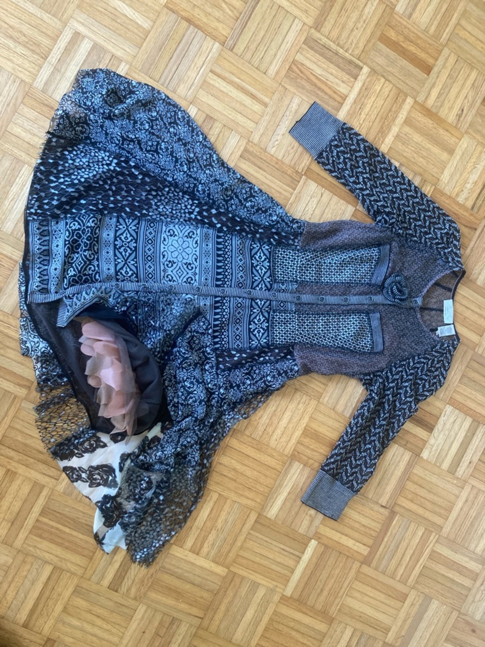 Byron Lars Mixed-Print black silver Button-Front Dress rare Excellent